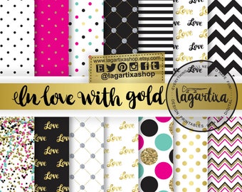 Gold, Turquoise, Hot Pink, Black, White, Digital Paper, Backgrounds, Patterns, Glitter Large dots, Lace, Scrapbooking Blog invitations