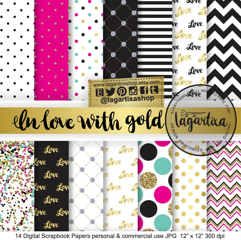 Gold, Turquoise, Hot Pink, Black, White, Digital Paper, Backgrounds, Patterns, Glitter Large dots, Lace, Scrapbooking Blog invitations 