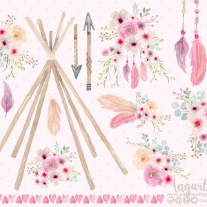 Boho Teepee, Tipi and floral Watercolor Floral Event clipart, PNG, Glamping Birthday, Sleepover Theme, Camping Slumber Glam Camping Party image 2