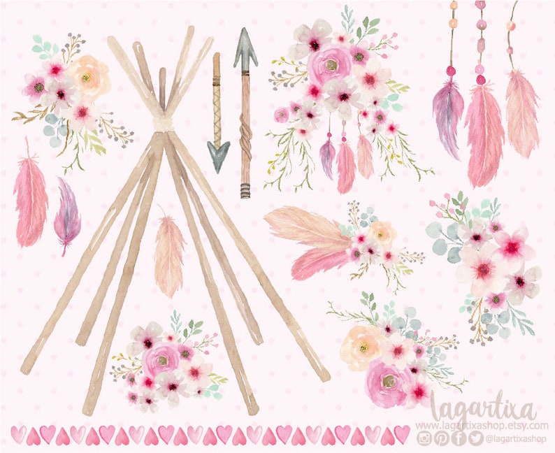 Boho Tipi, Tipi et floral Aquarelle Floral Event clipart, PNG, Glamping Birthday, Sleepover Theme, Camping Slumber Glam Camping Party image 2