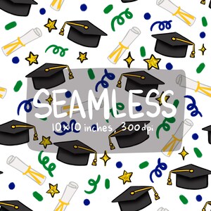 Fundos sem costura | Desenho artesanal, para toalhas de mesa, tecidos, para festa de formatura, glitter azul royal e verde e dourado, estrelas, boné