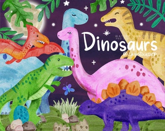 Dinosaurs Jurassic Cute Animals PNG Watercolor Hand Drawn Elements Lagartixa Art, Digital Files, Volcano Egss Foot prints meteorite palms