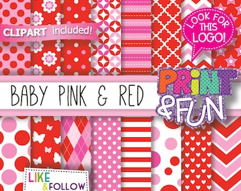 Red and Pink, st Valentine's day, patterns, Digital Paper, chevron, hearts, stars, stripes, dots, butterflies, Backgrounds Scrapbooking, diy