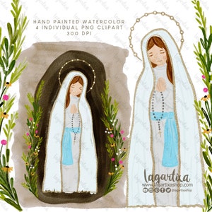 Nossa Senhora de Lourdes Virgem em Aquarela para Memórias de Santitos Batismo de Primeira Comunhão, Clipart PNG cartões Lagartixa Loja pintura