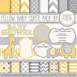 Może przedstawiać: Zestaw cyfrowych papierów do scrapbookingu w kolorze żółtym i szarym na baby shower, zawierający 16 papierów, 6 grafik clipart, 2 wstążki, 4 ramki i 1 zestaw liter. Grafiki clipart przedstawiają żyrafy i słonie. Papiery mają rozmiar 30,5 cm x 30,5 cm i rozdzielczość 300 dpi.