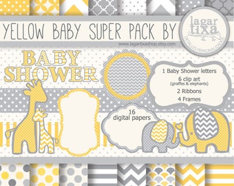 Yellow giraffe elephant baby shower Gray Digital Paper background textures patterns chevron polka dots frames grey invitations printables