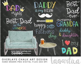 Dad Life Bundle Sidewalk Chalk ART Overlays hand lettering, Couch, PNG Father's Day, best dad ever, clipart, sublimation quotes, grandpa