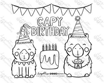 Capy Birthday Coloring Pages Vector design SVG | Capybara digital Design Art | Sublimation PNG Image  file, hand drawn | Outline designs