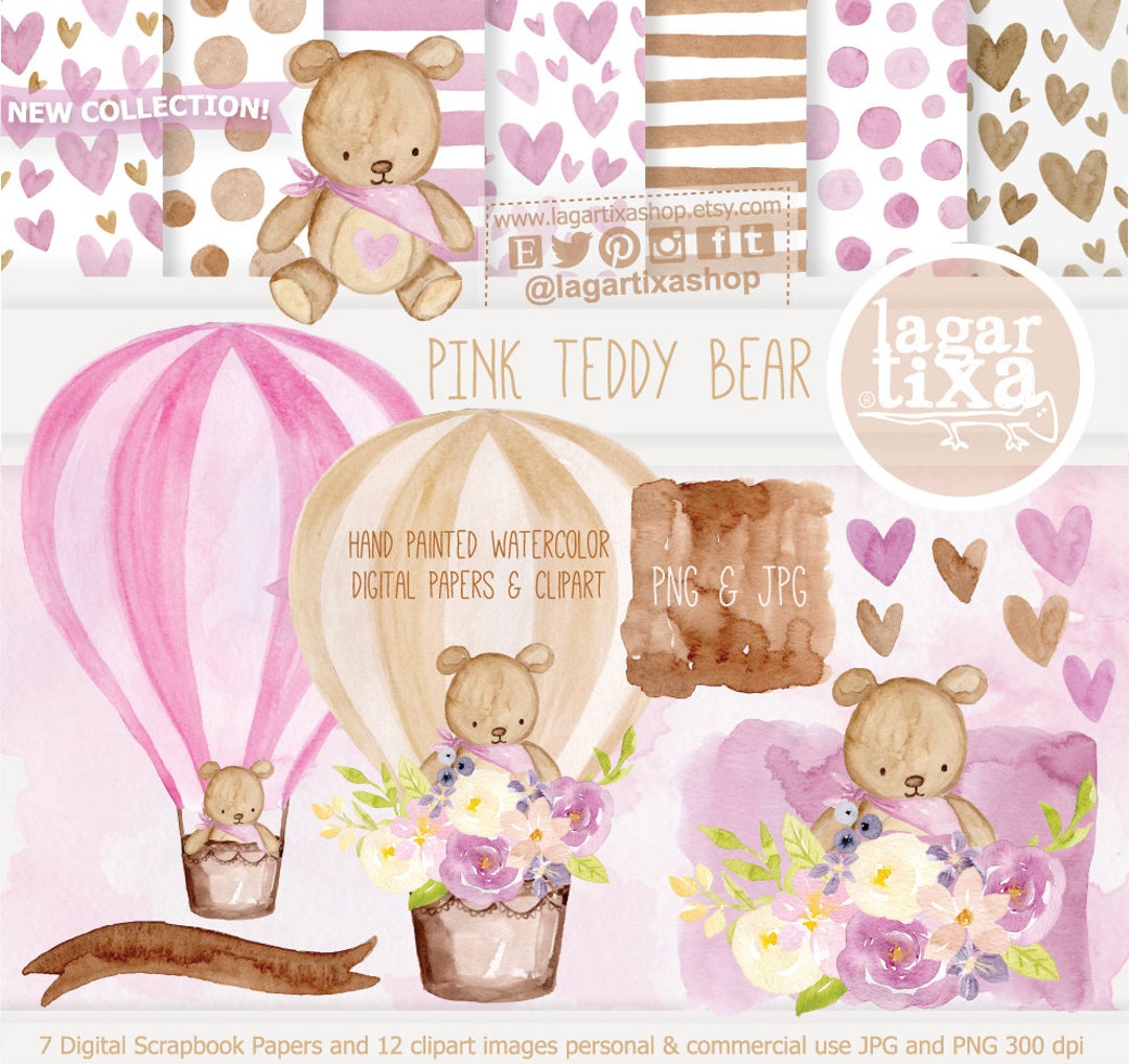 Hot Air Balloon Watercolor Clip Art Cute Girly Pink Teddy Bear in ...