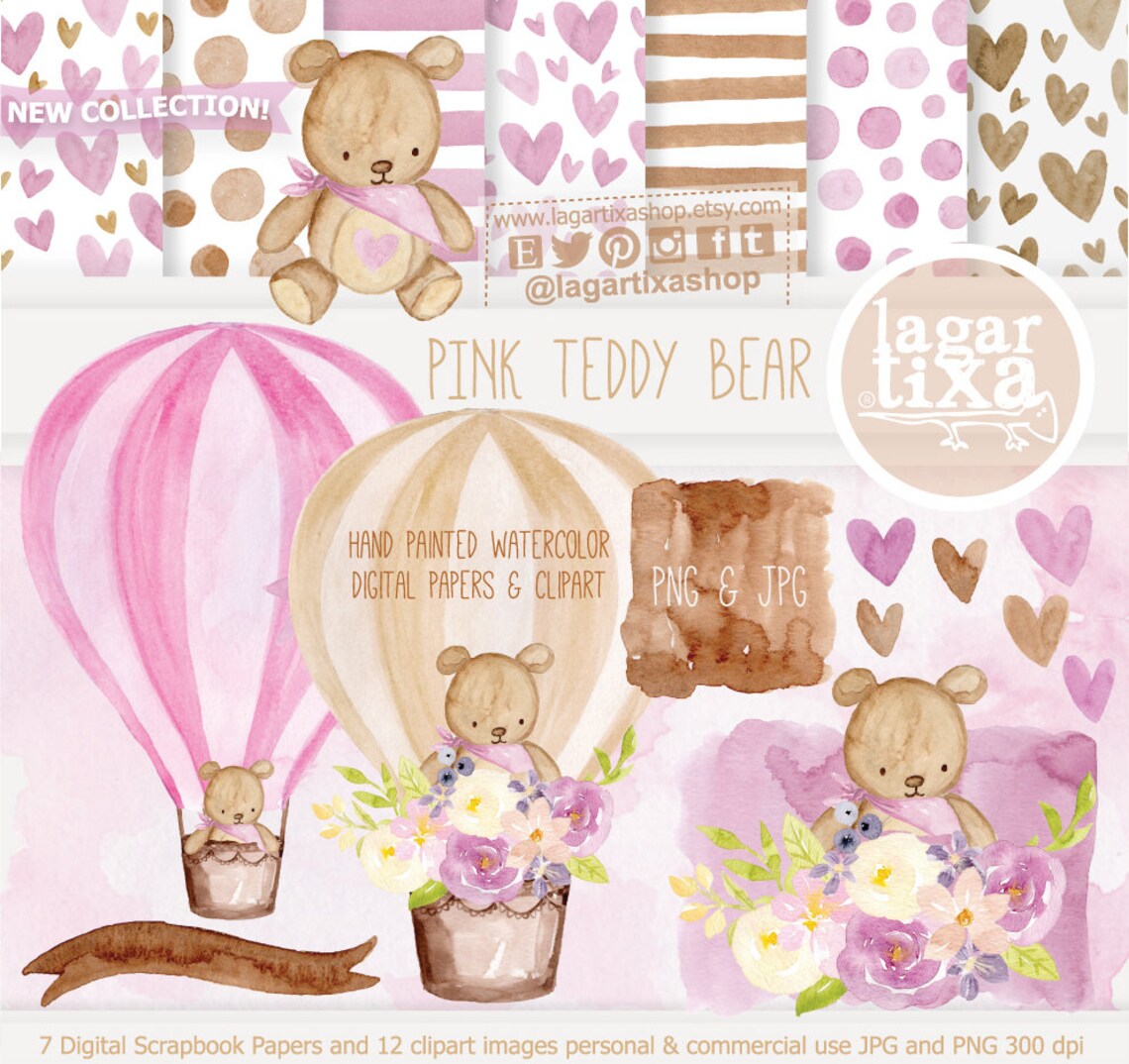 Hot Air Balloon Watercolor Clip Art Cute Girly Pink Teddy Bear in ...