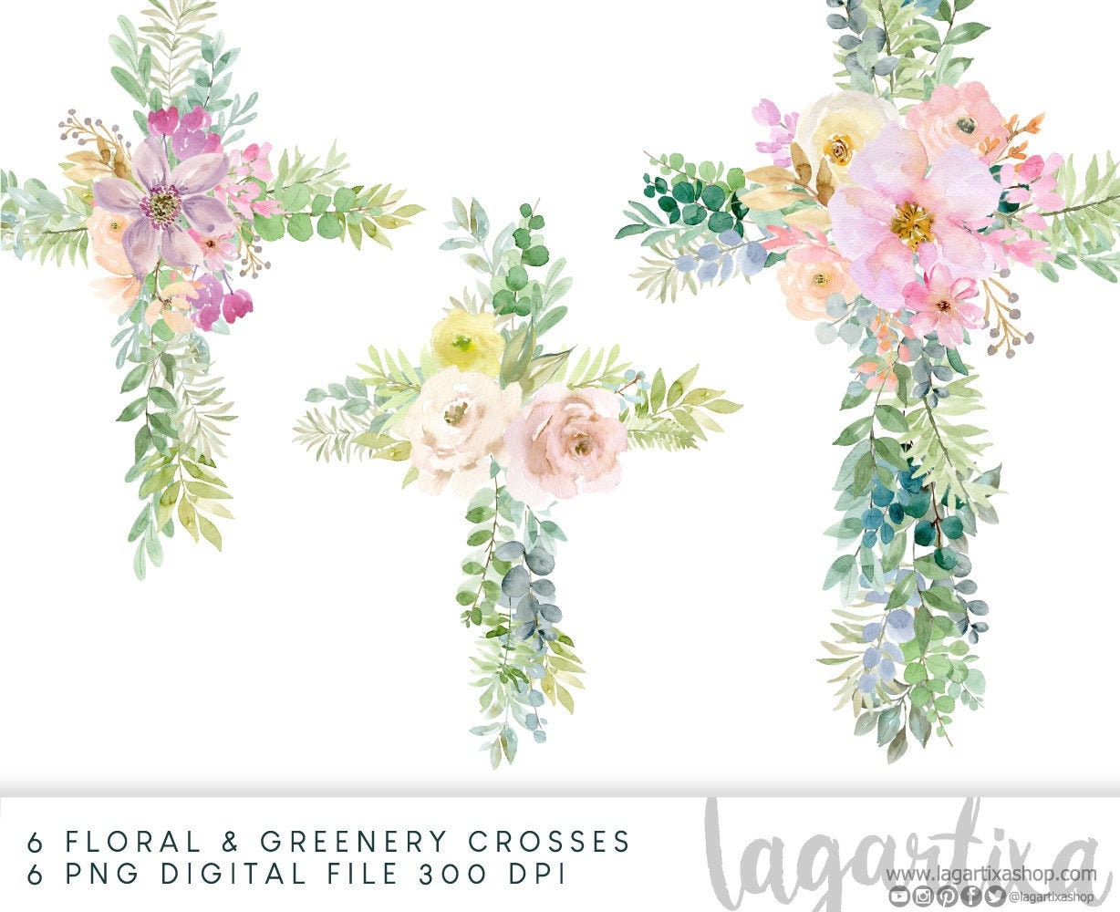 Download Greenery Crosses Green Leaves Watercolor Clipart Wood Cross Etsy
