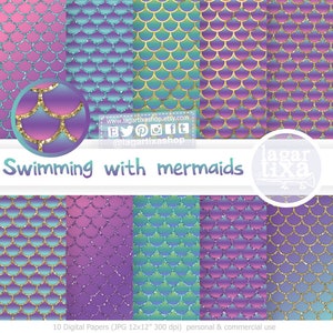 Fondos Digitales, Escamas de SIRENAS, Oro Glitter, Turquesa Purpura lila, oro, dorado para fiesta de niña en piscina, tarjetas, etiquetas