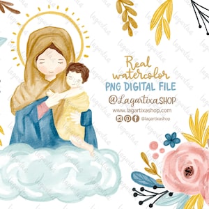 Virgen de Schoenstatt Milagros, Acuarela pintada a mano, clipart PNG flores , imagenes para invitaciones de bautizo o primera Comunion