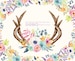 Floral Deer Antlers Watercolor clipart PNG, wedding arrangement, bouquet, Borders, floral wreath white flowers bridal shower for blog banner 