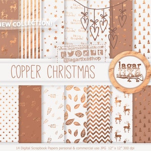 May include: A set of 14 digital scrapbook papers featuring copper foil patterns on a white background. The patterns include stars, stripes, polka dots, leaves, chevron, reindeer, and Christmas trees. The papers are 12 inches by 12 inches and 300 dpi.