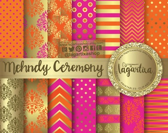 Mehndi Indian Gold Hot Pink Tangerine Orange Wedding Digital Paper Patterns Backgound for Invitations Labels Thank you cards