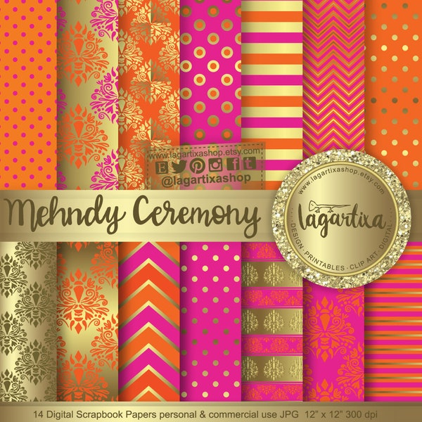 Mehndi Indian Gold Hot Pink Tangerine Orange Wedding Digital Paper Patterns Backgound for Invitations Labels Thank you cards