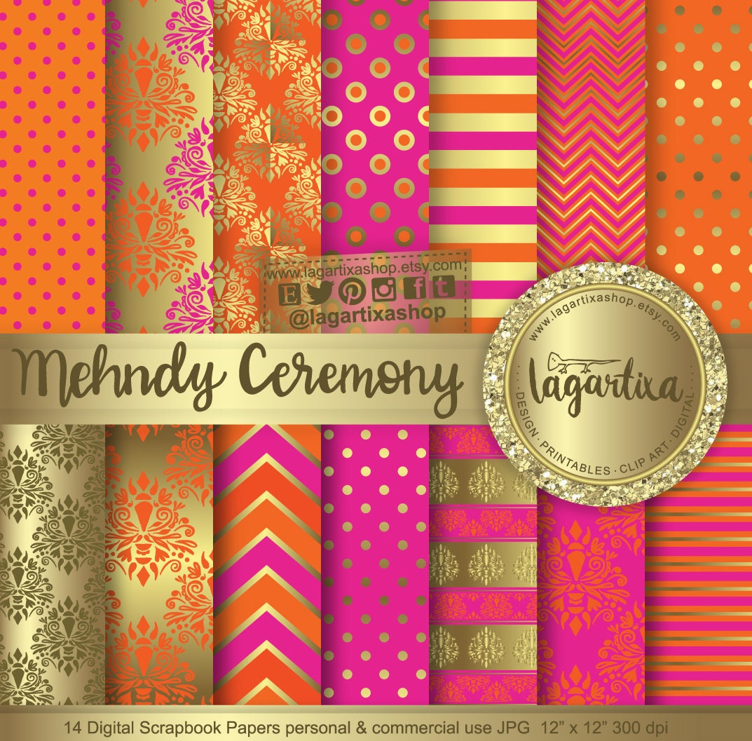 Mehndi Indian Gold Hot Pink Tangerine Orange Wedding Digital - Etsy