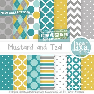 Op de afbeelding: Een set van 14 digitale scrapbook-papieren in mosterdgeel, teal, grijs en wit met verschillende patronen, waaronder stippen, strepen, geometrische ontwerpen en chevron. De papieren zijn 30,5 cm bij 30,5 cm en 300 dpi.