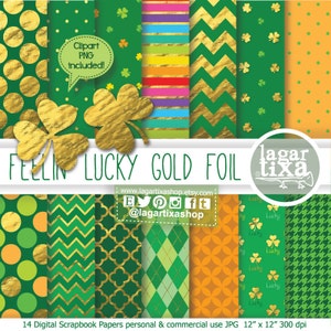 Puede incluir: 14 papeles digitales para scrapbooking con patrones verdes y dorados, incluyendo lunares, chevron y tréboles. Los papeles miden 30,5 cm x 30,5 cm y 300 dpi.
