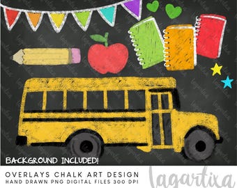 Disegni con gessetti per il primo giorno di ritorno a scuola | Autobus | Disegni con gessetti disegnati a mano | File digitale