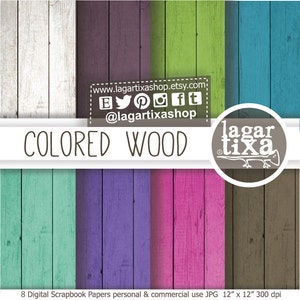 Puede incluir: Ocho papeles digitales para scrapbooking con diferentes texturas de madera de colores. Cada papel mide 30,5 cm x 30,5 cm y 300 dpi. Los papeles son para uso personal y comercial.