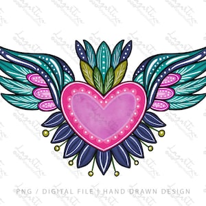 Milagritos Mexican Hearts with winds  Corazón Alas Sublimation Images Digital Files PNG Hand Drawn Art Doodles Fiesta Mexicana DTF Designs