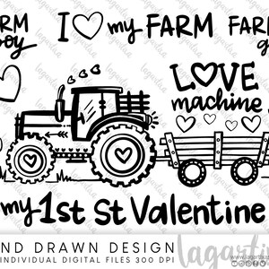 Tractor Farm My 1st St Valentine&#39;s Day Doodles Kids Baby Sublimation Image PNG Love Farm Family hand drawn doodle design Digital file