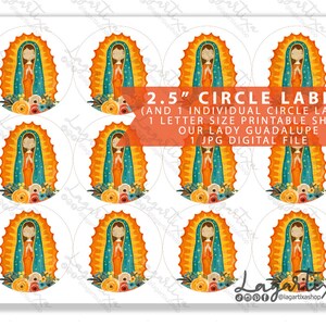 Virgen de Guadalupe Etiquetas circulares Imprimir tamaño JPG Carta 8.5 x 11 Acuarela de Virgen con Flores para recuerditos bautizo comunion