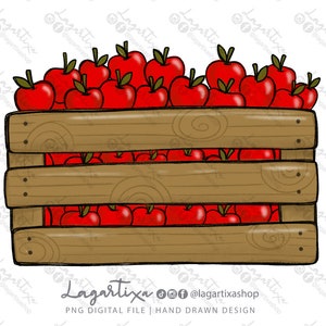 Mele Casse di frutta in legno Design PNG File digitale Sublimazione per t-shirt Tazza Asciugamani Immagine souvenir Disegnato a mano Download istantaneo Bomboniere fattoria