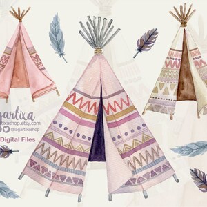 Op de afbeelding: Vijf digitale bestanden met aquarel illustraties van roze en witte tipi's met geometrische patronen. De tipi's zijn versierd met bruine, gouden en paarse accenten. De illustraties bevatten ook blauwe veren.