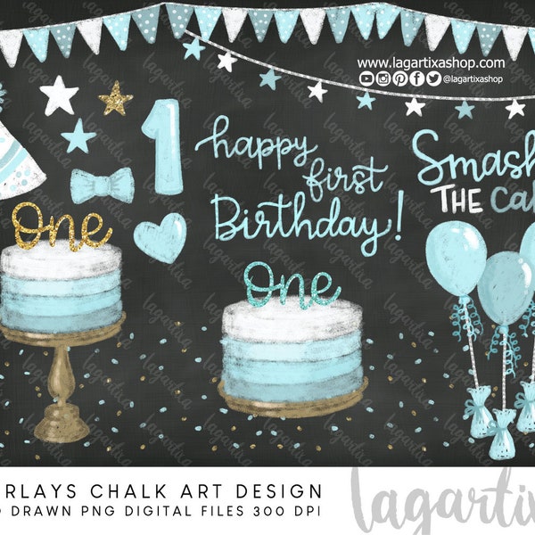 Smash Cake Overlays Chalk Art Birthday Sidewalk Chalk Party Clip art Cake Party Hat Banner Balloons Ribbons invitations Photography stickers
