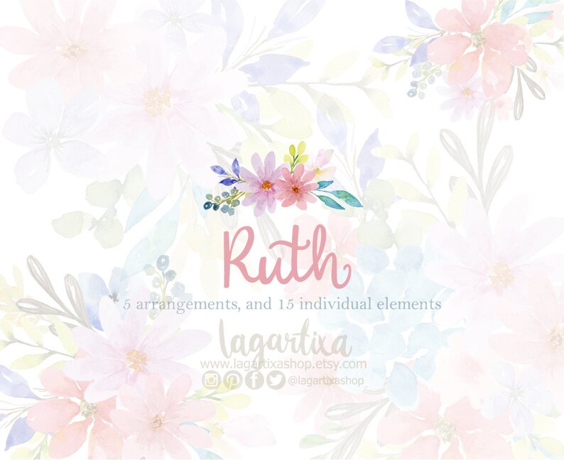 Puede incluir: Clipart floral de acuarela con un arreglo de flores rosas y el nombre "Ruth" escrito en cursiva rosa. La imagen incluye 5 arreglos y 15 elementos individuales. El texto "lagartixa" tambi&eacute;n se incluye con una direcci&oacute;n de sitio web y identificadores de redes sociales.