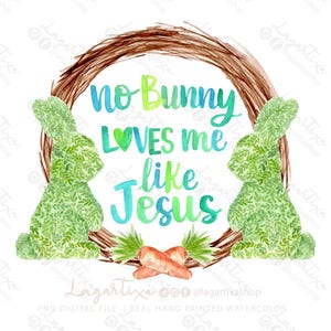 Corona di Pasqua Jesus Loves Me di paglia secca con coniglietti, carote e foglie verdi, file PNG per sublimazione dipinta a mano con acquerello