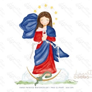Vergine Maria che scioglie i nodi, acquerello dipinto a mano, clipart PNG di fiori, immagini per inviti per battesimo o prima comunione. Religioso