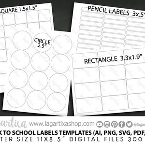 Basic School Templates Labels for Back to School Cut Files PNG SVG Eps Pdf Ai Rectangle Circle and for Pencils, Books, Classroom Supplies image 1