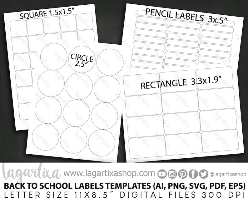 Basic School Templates Labels for Back to School Cut Files PNG SVG Eps Pdf Ai Rectangle Circle and for Pencils, Books, Classroom Supplies image 1