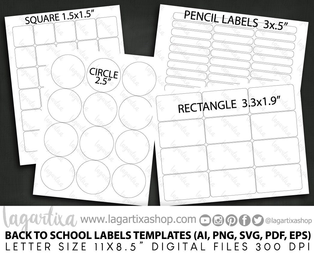 Basic School Templates Labels for Back to School Cut Files PNG SVG Eps Pdf Ai Rectangle Circle and for Pencils, Books, Classroom Supplies