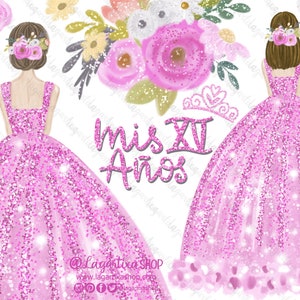 Mis Quince XV Años Rosa mexikanischer Glitzer Glitzer Schriftzug Quinceanera Kleid Prinzessin Blumen Aquarell Digitale Kunst Eventdekoration