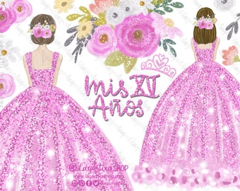 XV Años Sweet Sixteen Pink Princess Dress Fiesta Quince art Clipart Floral png Glitter elegant Images for invitations table decor events