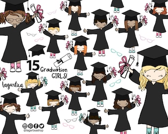 Graduation Elementary School, Girls Clipart PNG Black, For Sublimation, Invitations, Graduation Hat Diploma hand drawn doodles girls glasses
