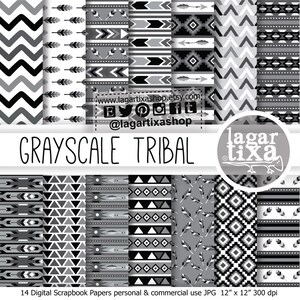 Puede incluir: Conjunto de 14 papeles digitales para scrapbooking en escala de grises con patrones tribales. Los patrones incluyen formas geométricas, flechas, plumas y zigzags. Los papeles miden 30,5 cm por 30,5 cm y 300 dpi.