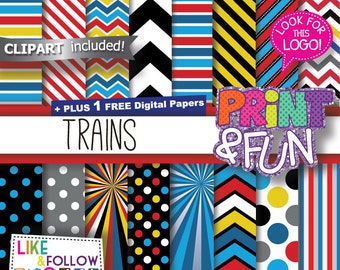 Train Digital Papers, Red Black Green Blue Stripes, dots, chevron, free clipart png train cartoon images, for birthday party decorations