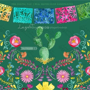 Vraies fleurs de cactus vertes aquarelles peintes à la main, fichier numérique peint à la main désert Mexique Clipart PNG | Festival du Cinco de Mayo