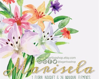 Watercolor Lilium clipart,  Sublimation Floral PNG, wedding bouquet, arrangement, bouquet, blue flowers, bridal shower, for blog