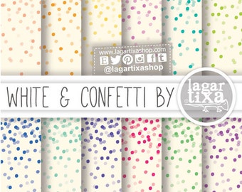 Confetti & White Digital Paper Rainbow Colors Fuchsia Teal Lime Red Turquoise Purple yellow Background Patterns blog invitations cards
