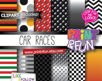 Car Races Party Red, Black Silver Metal Effect Digital Paper Patterns Backgrounds Scrapbooking for tags, notebooks, Planner, Events, Invites