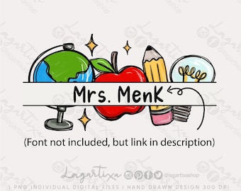 Teacher Name Plate Frame | Sublimation Design | gifts PNG Digital Files Instant Download Back To School decorations hand drawn art | Labels