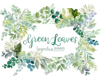 Green Leaves Greenery Bundle Super Pack! Green Watercolor Clipart Leaf Borders Frames Modern wedding Invitations, Hand Painted Arrangements