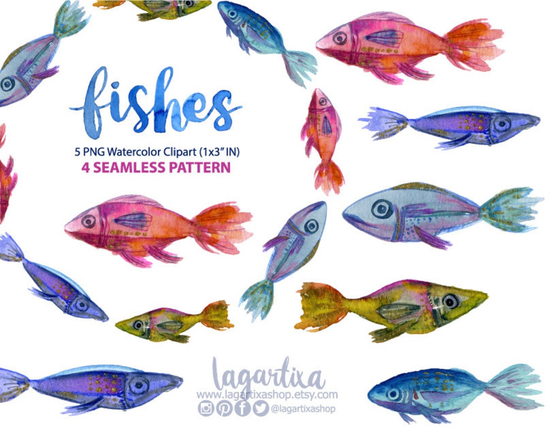 Watercolor Fishes Clipart Gold PNG Seamless Patterns Png | Etsy